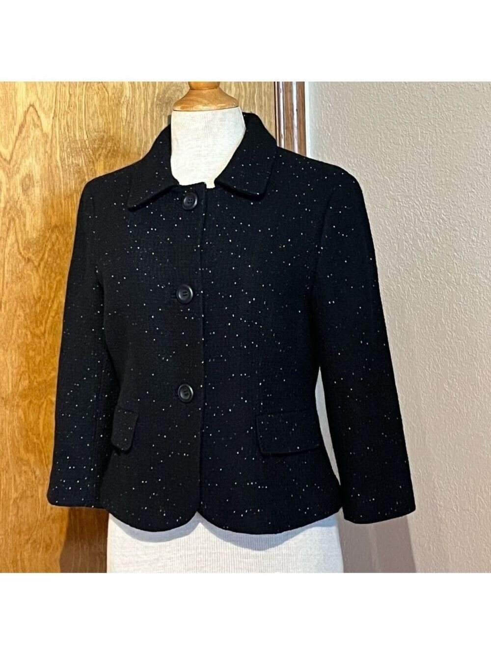 Ann Taylor Petites 8P Black Wool Blend Speckled Blazer Jacket Y2K Office NWT